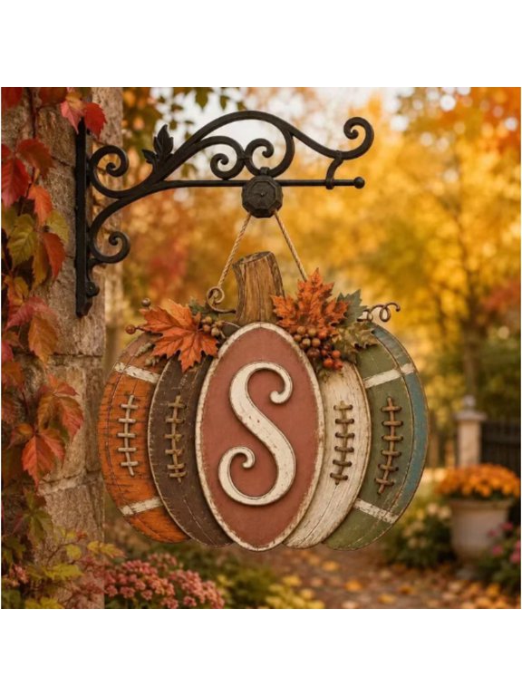 Rustic Layered Wood Fall Pumpkin Monogram Front Door Hanger, Vintage Farmhouse Autumn Maple Leaf Initial S Wall Decor for Harvest Season Thanksgiving Home Porch Decoration