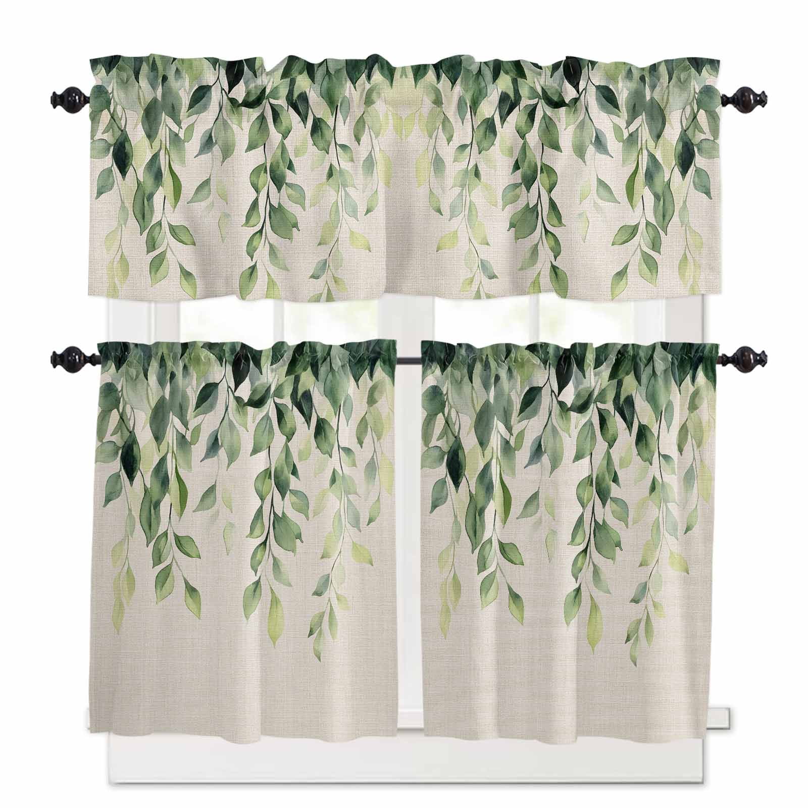 Rustic Leaf Kitchen Curtains Valances and Tiers Set of 3 Watercolor Sage Green Eucalyptus Leaves Linen Texture Tier Curtains and Valance for Kitchen Bathroom Small Windows 27.5"W x 36"L (Pack of 3)