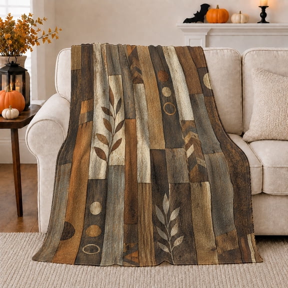 Rustic Leafy Branch Patchwork Collage, Cozy Artistic Scene, Warm Flannel Blanket for Ranch House and Living Room, Animal Lovers Birthday Gift, Artistic Home Decor