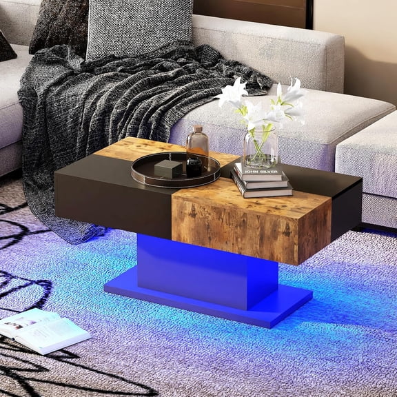 Hanyu Rustic Led Coffee Table for Living Room, Living Room Table Rectangular Center Table, Modern Wooden Tea Tables with 16 Colors LED Lights for Dining Reception Room
