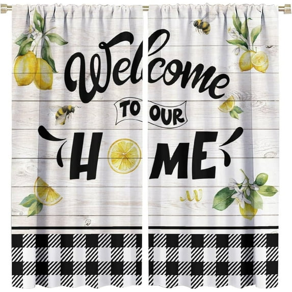 Rustic Lemon Curtains, Fruit Floral Leaves Decor Vintage Farmhouse Barn Wood Plank Black White Check Pattern Drapes, Blackout Rod Pocket Window Treatments for Living Room Bedroom Kitchen 42xx84in *2