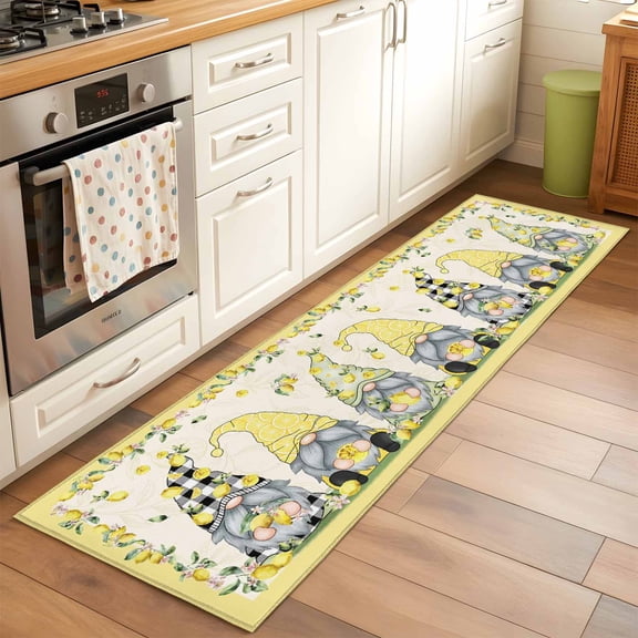 Rustic Lemon Gnomes 2x6 Runner Rug for Hallway Walkway Kitchen Galley, Summer Fruit Leaves Linen Yellow Border Low Pile Washable Non Slip Long Area Rug