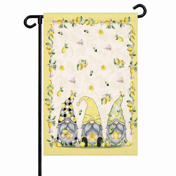 Rustic Lemon Gnomes Garden Flag 12x18 Inch Summer Fruit Leaves Linen Yellow Border Double Sided Small Decorative Garden Flags for Outside, Outdoor Yard Porch Lawn Decoration