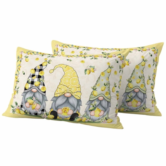 Rustic Lemon Gnomes Outdoor Pillow Covers Pack of 2 Summer Fruit Leaves Linen Yellow Border Waterproof Throw Pillow Covers Decorative Cushion Cases for Patio Garden Tent Balcony Couch 20x12 inch