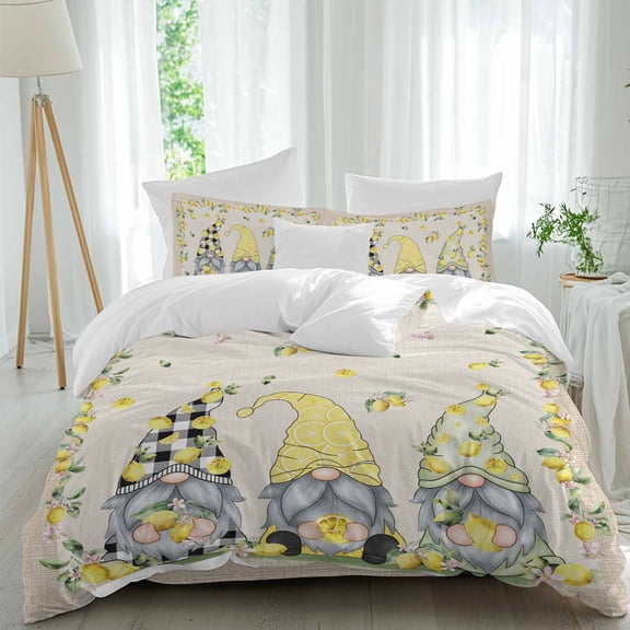 Rustic Lemon Gnomes Queen Size Comforter Set, Summer Fruit Leaves Retro Linen Texture Bedding for All Seasons, 4 Pcs Bed Set, 1Quiltcover (90"x92") ,1Sheet(94"x116"), 2Pillowcases (30"x20")