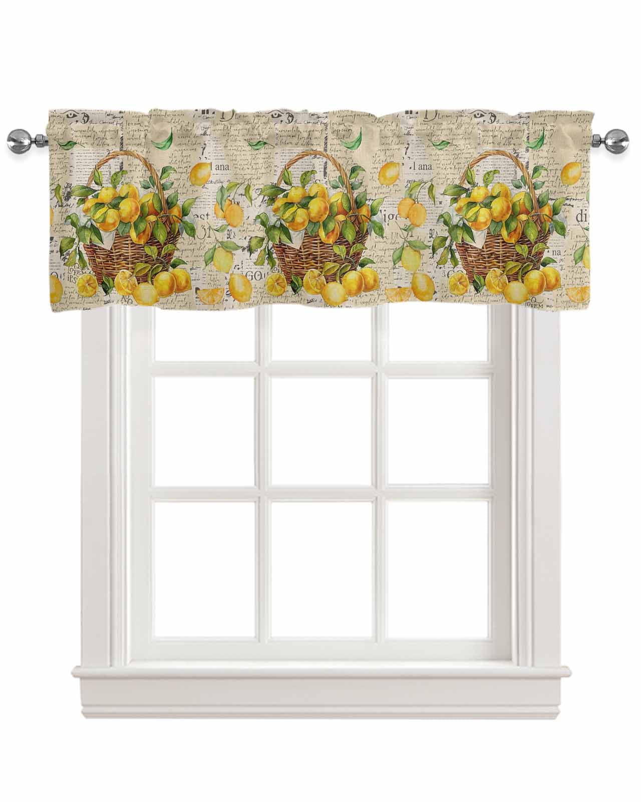 Rustic Lemon Linen Curtain Valance for Bedroom/Bathroom/Kitchen/Office/Living/Dining Room Window,Watercolor Retro Blooming Fruit Yellow Pocket Topper Drapes Decorative Cafe Drapery Panel 54"x18"