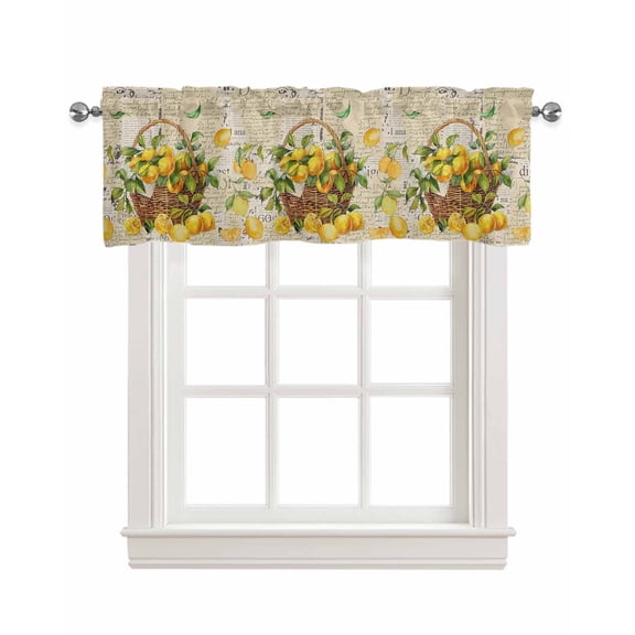 Rustic Lemon Linen Curtain Valance for Bedroom/Bathroom/Kitchen/Office/Living/Dining Room Window,Watercolor Retro Blooming Fruit Yellow Pocket Topper Drapes Decorative Cafe Drapery Panel 54"x18"