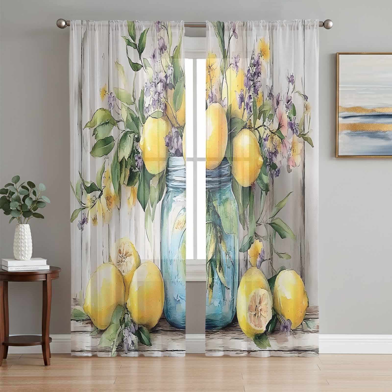 Rustic Lemon Vases Sheer Curtains 84 Inch Length 2 Panels Set, Vintage ...