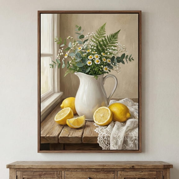 Rustic Lemon Wall Art, Eucalyptus Pitcher Print for Kitchen, Farmhouse Still Life Decor, Unframed Paper Poster 8x10in