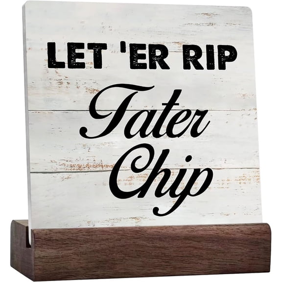 Rustic Let 'er Rip Humor Bathroom Sign Farmhouse Home Restroom Desk Shelf Decor Ceramic Sign Gifts For Team Member Colleague Ceramic Desk Sign Plaque With Wooden Stand For Home Office Decor