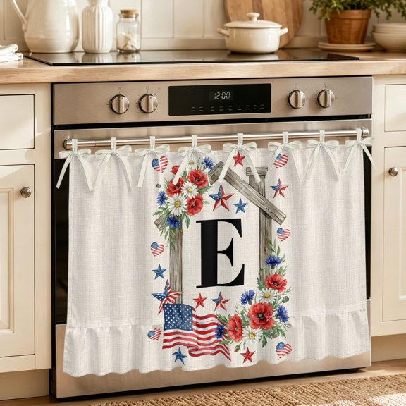 Rustic Letter E Patriotic Oven Skirt for Farmhouse Kitchen Décor, Monogram Floral America Flag Oven Curtain Tie Top Decorative Stove Skirt, Cabinet Dish Washer Curtains with 8 Ribbon Ties 27"x20"