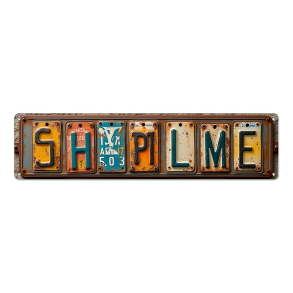 Rustic License Plate Wall Art 16*4 in Vintage Metal Sign Grunge Decor"SHYPLME spelled with rusty license plates" indie room decor stoner room decor grunge wall art garage unique recycled steel