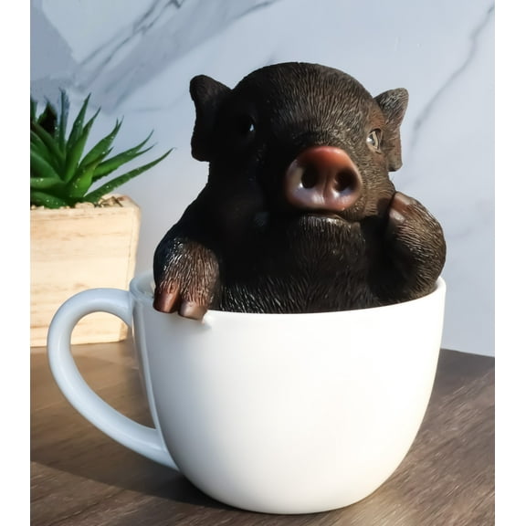 Rustic Lifelike Black Pig Piggy In Tea Cup Figurine Animal Farm Pigs Swine Decor