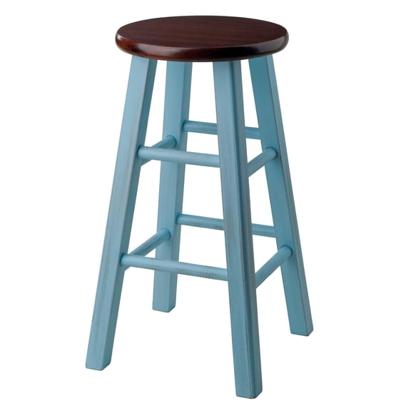 Rustic Light Blue / Walnut Square Leg Counter Stool, 29 Backless Bar Stool For Kitchen Dining Seating