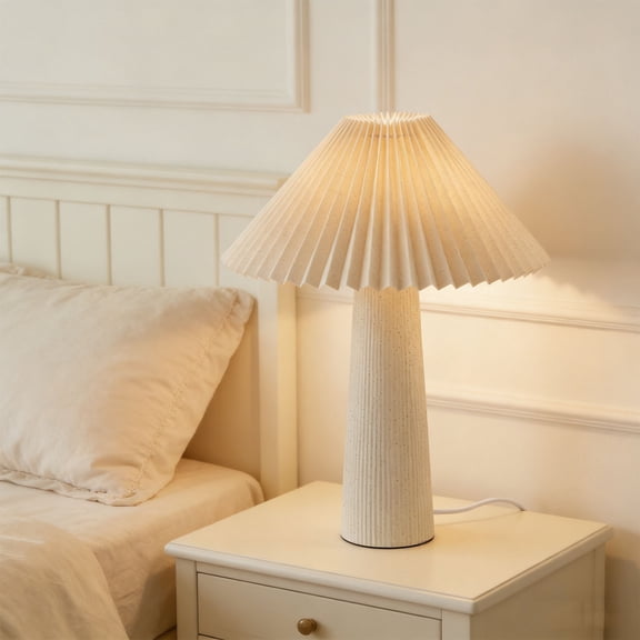 Rustic Light House LED Table Lamp with Pleated Shade,Beige Wood Finish,for Bedroom,Living Room,Entry Console