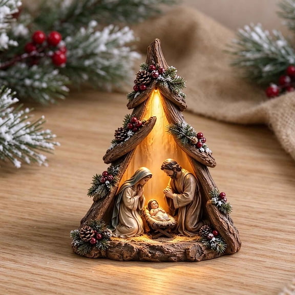 Rustic Lighted Christmas Nativity Scene Figurine, 10 Inch Resin Log Arch With Pinecones, Warm LED Holiday Tabletop Mantel Centerpiece Decor, Rustic Log Nativity