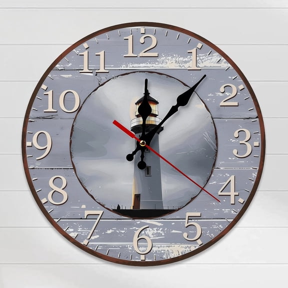 Rustic Lighthouse Wall Clock, 12 Inch Silent Non-Ticking Nautical Coastal Wooden Clock for Beach House, Living Room, Bedroom