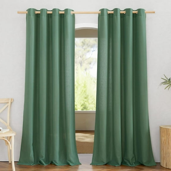 Rustic Linen Curtains 132" Long, Grommet Top with Added Privacy, Thick Light Filtering Weave Drapes, 2 Panels, Olive Green, 55"W x 132"L
