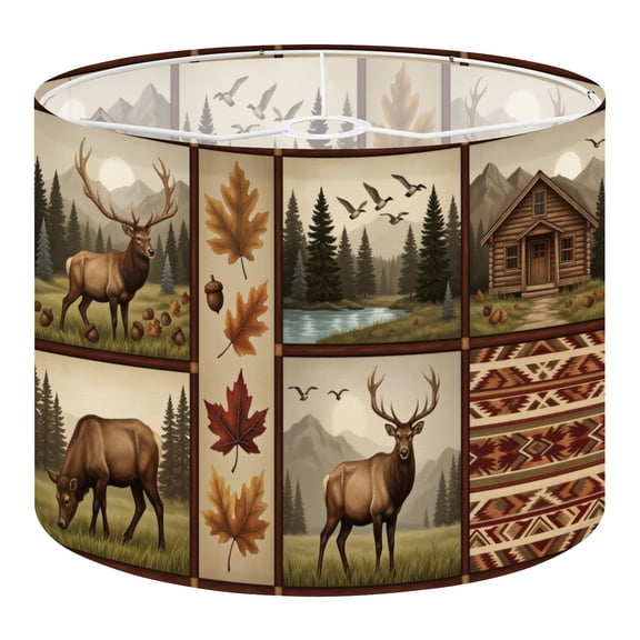 Rustic Linen Drum Lamp Shades Rustic Forest Wildlife Deer Maple Leaves Cabin Geometric 13" x 13" x 10" Lampshade for Table Lamps Floor Lamps Lamp Shade Replacement Easy Assembly Required