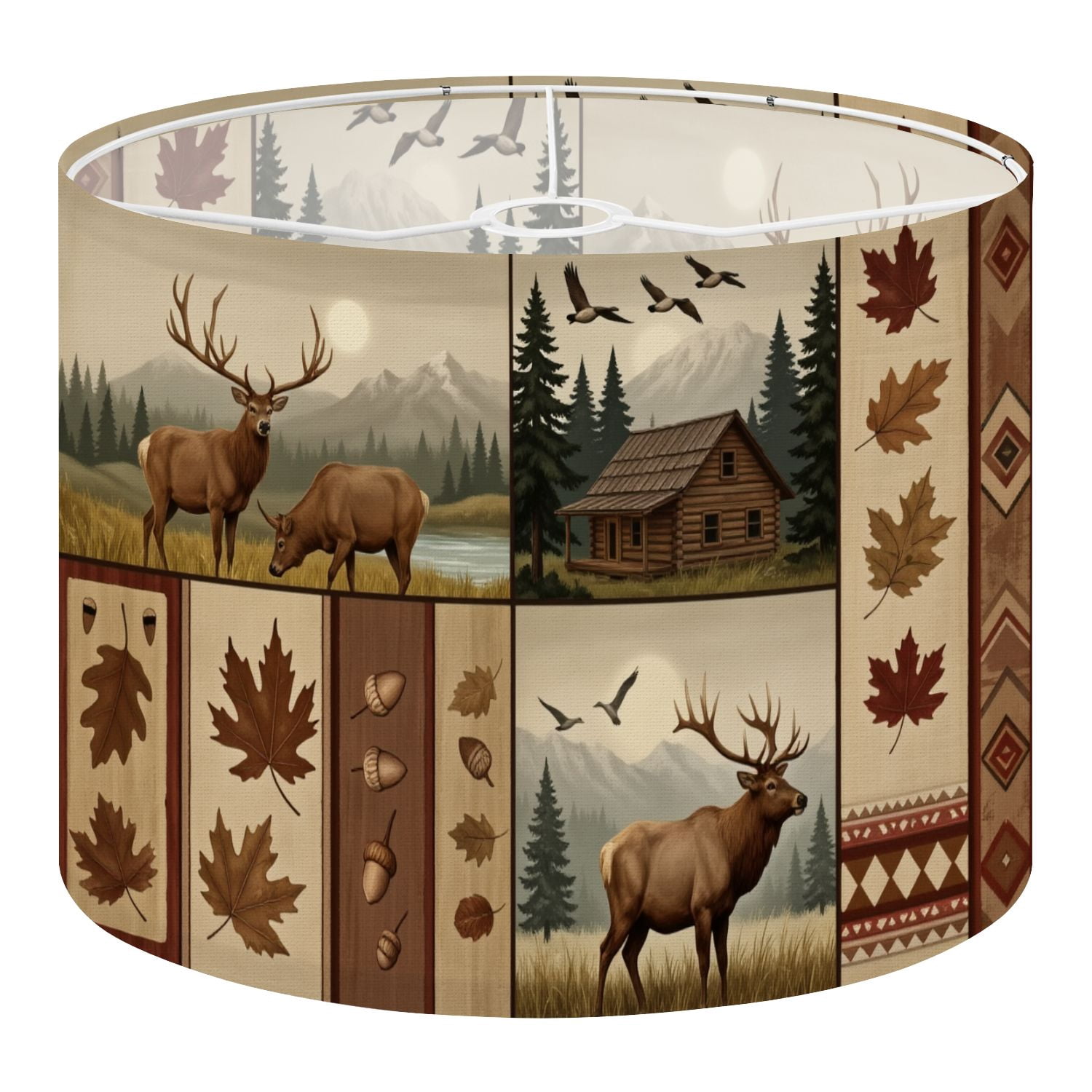 Rustic Linen Drum Lamp Shades Rustic Wildlife Autumn Foliage Deer Cabin Leaf Patterns 13" x 13" x 10" Lampshade for Table Lamps Floor Lamps Lamp Shade Replacement Easy Assembly Required