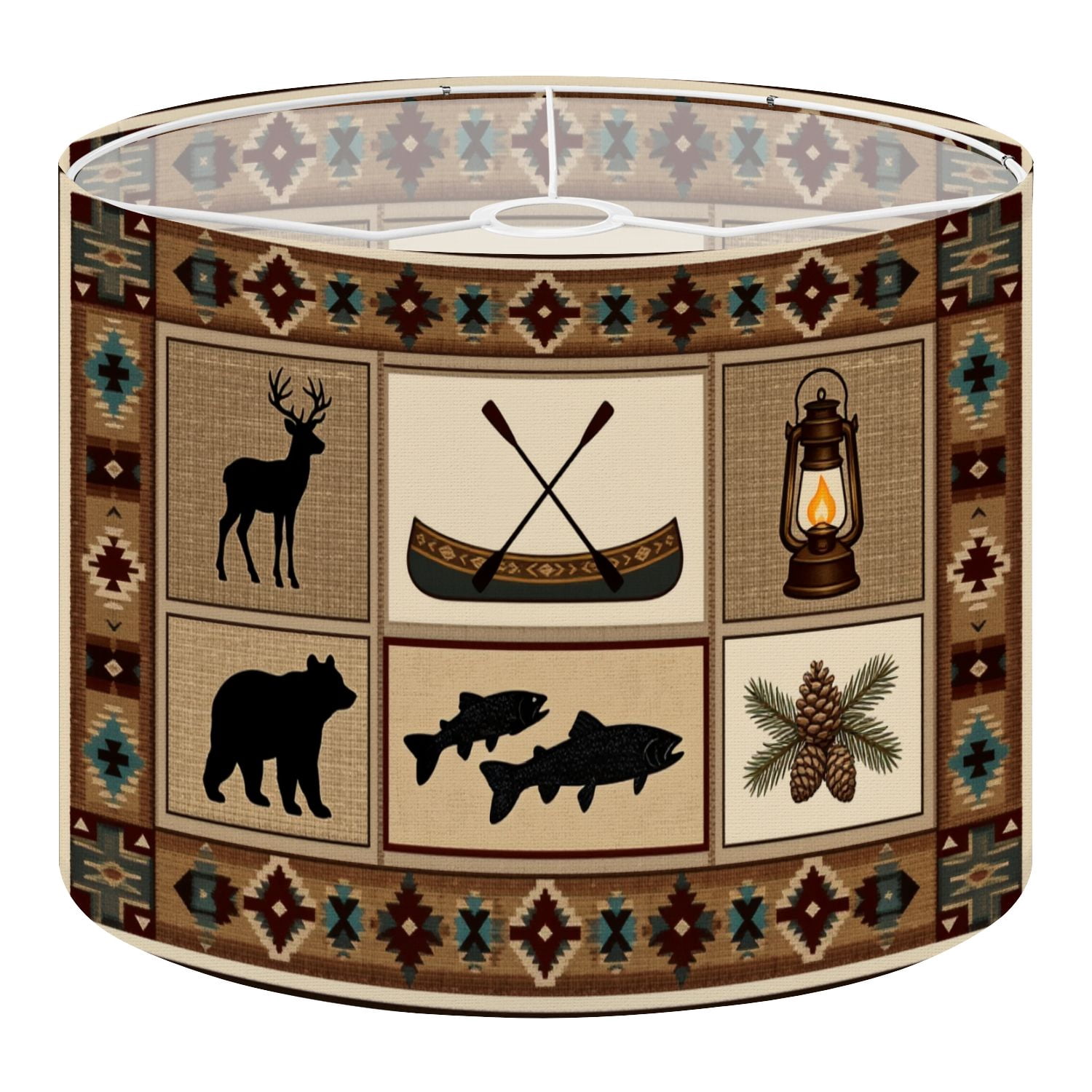 Rustic Linen Drum Lamp Shades Rustic Woodland Lodge Collage Deer Bear Fish Canoe Lantern 13" x 13" x 10" Lampshade for Table Lamps Floor Lamps Lamp Shade Replacement Easy Assembly Required