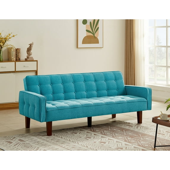 Rustic Linen Fabric Convertible Sofa, Button Tufted Sofa Bed with Adjustable Backrest, Armrest, Solid Wood Frame, Upholstered Sofa Couch for Living Room, Apartment, Bed Room, Blue