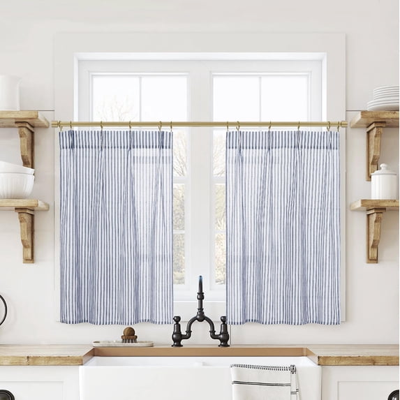 Rustic Linen Kitchen Window Curtains Set 24 Inch Length Pinch Pleated ...