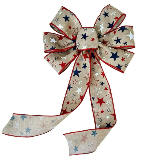 Rustic Linen Patriotic Wreath Bow - 10" Wide, 18" Long Tails, Red, White & Blue Stars, Memorial Day, Farmhouse, 4th of July, President's Day