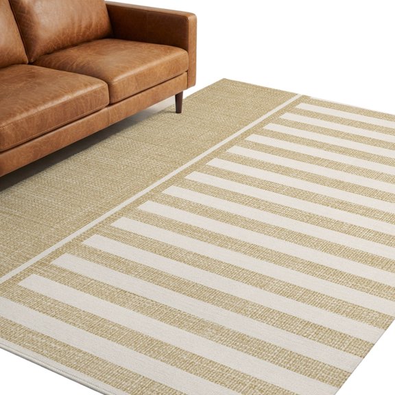Rustic Linen Pattern Washable Area Rug 5 x 8 ft Khaki Beige Vertical Stripes Minimalist Soft Non‑Slip Rugs Stain Repellent Indoor Mats for Spacious Family Room, Long Dining‑Table, Sunroom