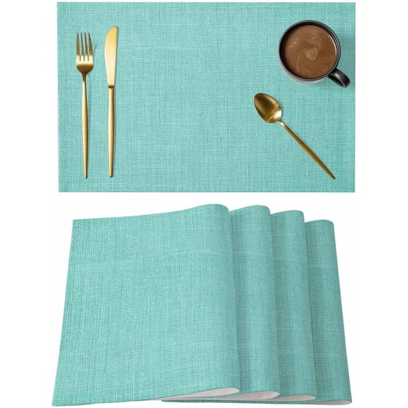 Rustic Linen Texture Placemats Set of 4 Washable Table Mats for Holiday/Wedding Party, Indoor Outdoor Place Mats Modern Turquoise Pure Color Style Kitchen Dining Tabletop Decoration Placemat, 12x18IN