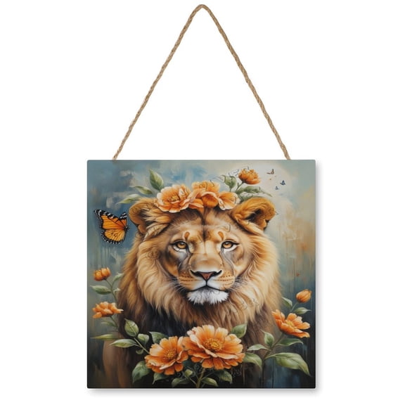 Rustic Lion Wooden Hanging Sign - Decorative Wall Art for Kitchens and Dining Areas, A Fun Addition to Your Home 12"x12"