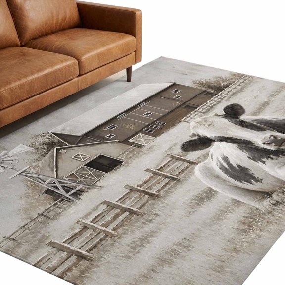 Rustic Livestock Washable Area Rug 5 x 8 ft Farmhouse Country Brown Distressed Farm Barn Soft Non‑Slip Rugs Stain Repellent Indoor Mats for Spacious Family Room, Long Dining‑Table, Sunroom