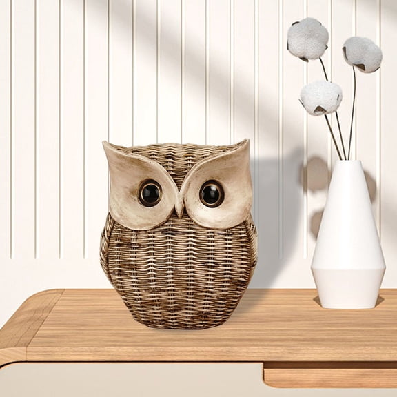 Rustic Living Room Decor, Resin Owl Statuary, 8 in Height, Rattan Weave Pattern, Home Decor for Shelves, Tan, 1 Pc