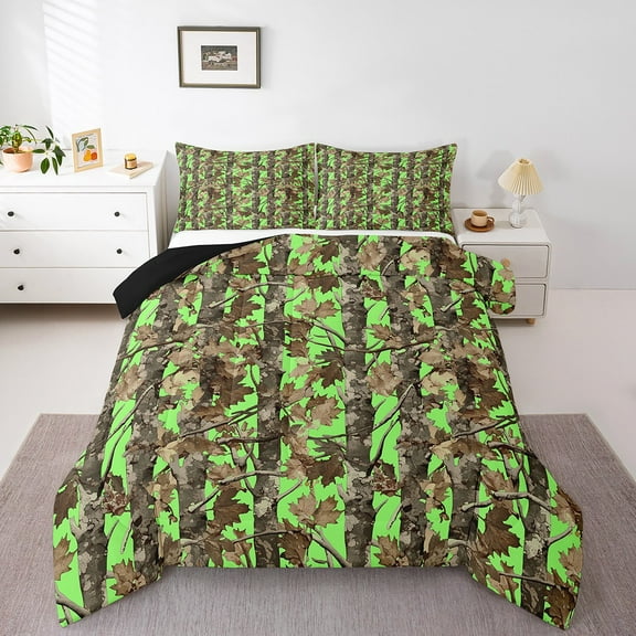 Rustic Lodge Adults Comforter Set,Farmhouse Woods Green Camouflage Camo Bedding Set All Season,Jungle Trees Brown Maple Leaves Nature Comforter 3 Pcs with 2 Pillowcases,King Size