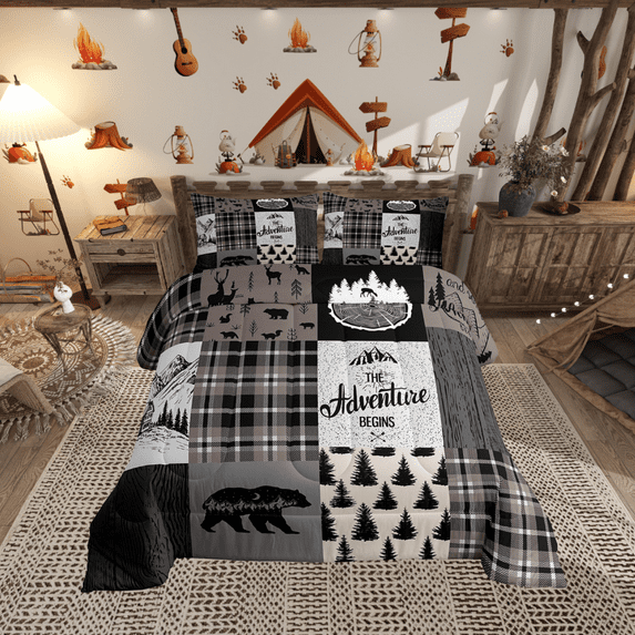 Rustic Lodge Bear Deer Comforter Set, Farmhouse Cabin Bedding Teens Adult Bedroom Decor, Retro Vintage Farm House Quilt Checkered Buffalo Plaid Patchwork Bedding Comforter Sets, King