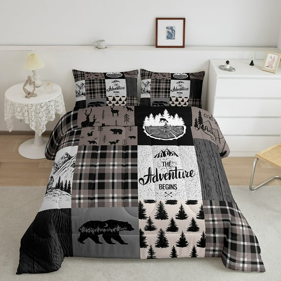 Rustic Lodge Bear Deer Comforter Set, Farmhouse Cabin Bedding Teens Adult Bedroom Decor, Retro Vintage Farm House Quilt Checkered Buffalo Plaid Patchwork Bedding Comforter Sets, Queen