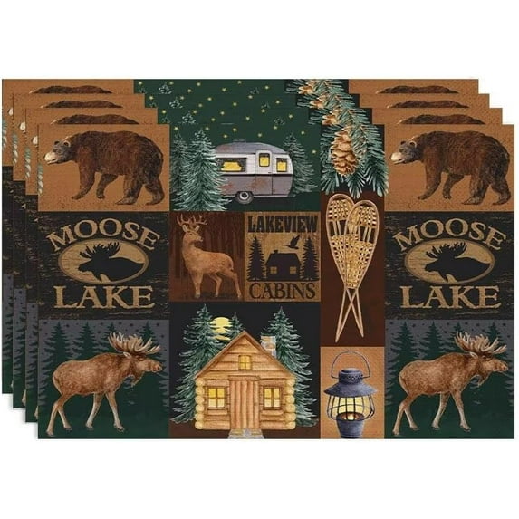 Rustic Lodge Bear Deer Placemats Set of 4, Vintage Cabin Pine Cone Plaid Place Mats, Heat Resistant Non Slip Cotton Linen Dining Table Mats for Home Kitchen Party Decor 18x12 Inch