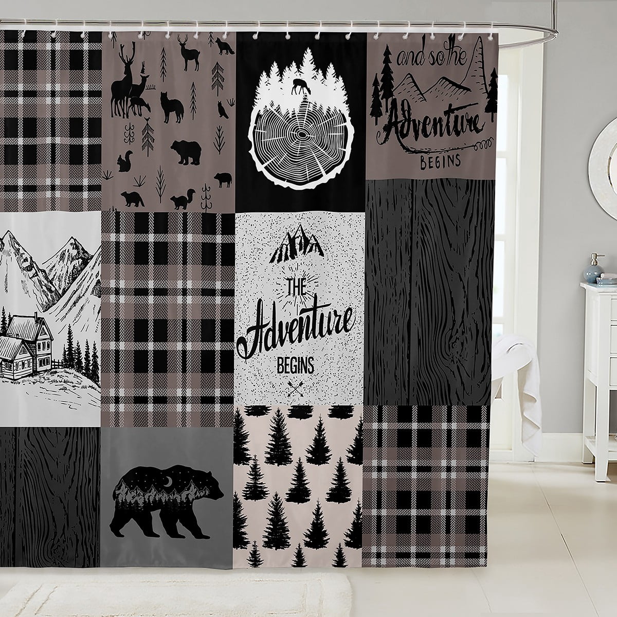 YOZSLGU Retro Rustic Lodge Shower Curtain - 70x70 Inches, Waterfall Autumn Landscape Print, Polyester Fabric With Hooks