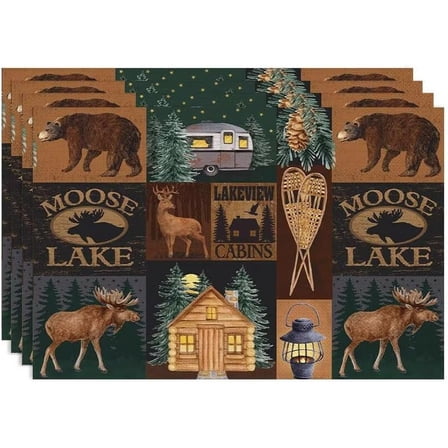 Rustic Lodge Bear Moose Deer Placemats Set of 4, Vintage Cabin Pine Cone Place Mats, Heat Resistant Non Slip Cotton Linen Dining Table Mats for Home Party Kitchen 12X18inch