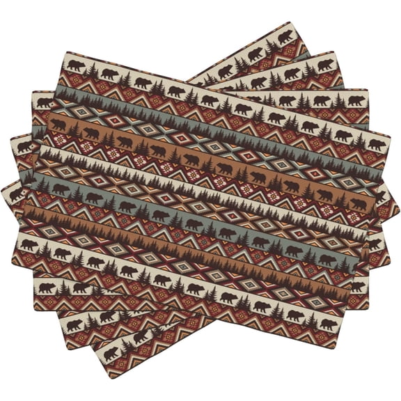 Rustic Lodge Bear Moose Deer Placemats Set of 4, Vintage Cabin Pine Cone Place Mats, Heat Resistant Non Slip Cotton Linen Dining Table Mats for Home Party Kitchen 12X18inch