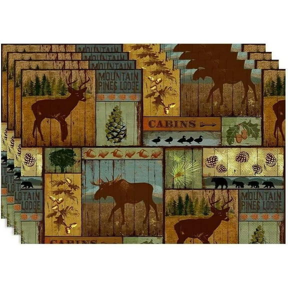 Rustic Lodge Bear Moose Deer Placemats Set of 4, Vintage Cabin Pine Cone Place Mats, Heat Resistant Non Slip Cotton Linen Dining Table Mats for Home Party Kitchen 12X18inch