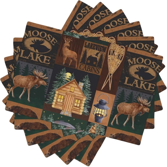 Rustic Lodge Bear Moose Deer Placemats Set of 6, Vintage Cabin Pine Cone Place Mats, Heat Resistant Non Slip Cotton Linen Dining Table Mats for Home Party Kitchen 12X18inch