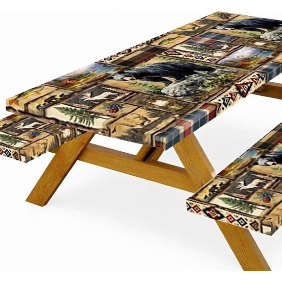Rustic Lodge Bear Picnic Table Cover with Bench Covers, Cabin Wildlife Moose Fish Pine Tree Patchwork Print Tablecloth, Farmhouse Plaid Woodland Table Decor for Camping, Hunting Trips, 72x30 Inch