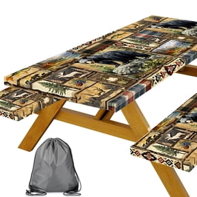 Rustic Lodge Bear Picnic Table Cover with Bench Covers, Cabin Wildlife Moose Fish Pine Tree Patchwork Print Tablecloth, Farmhouse Plaid Woodland Table Decor for Camping, Hunting Trips, 72x30 Inch