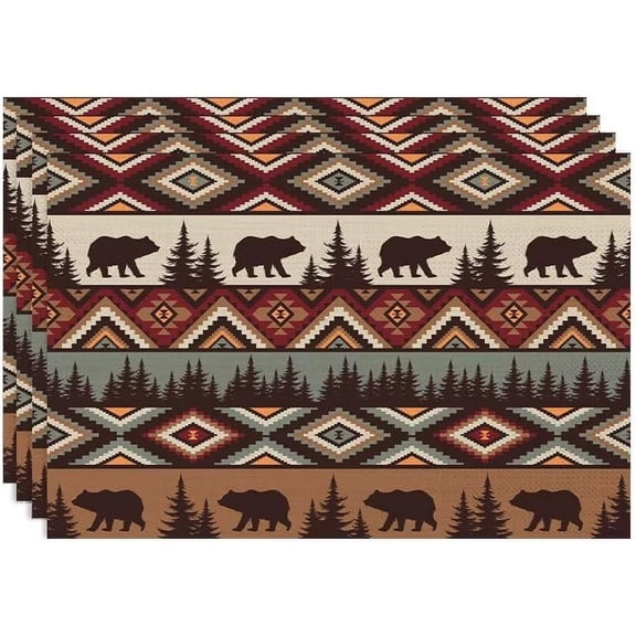 Rustic Lodge Bear Placemats Set of 4, Vintage Cabin Pine Cone Plaid Place Mats, Heat Resistant Non Slip Cotton Linen Dining Table Mats for Home Kitchen Party 18x12 Inch