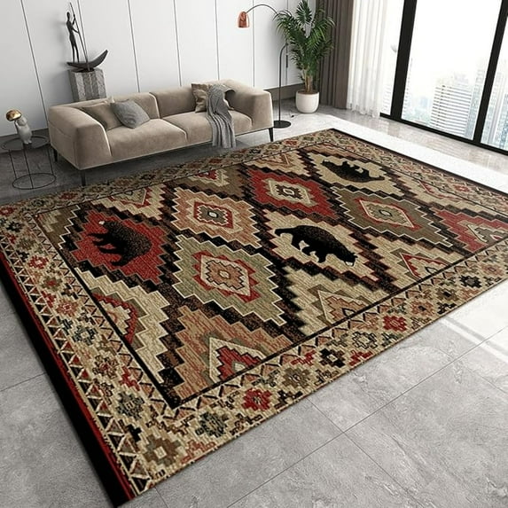 Rustic Lodge Cabin Bear Area Rugs, Retro Diamond Stitching Art Easy Clean Rug, Soft Non-Skid Carpet Throw Rug For Kids Teen Girls Boys Bedroom Living Room Bathroom Office 4x5ft