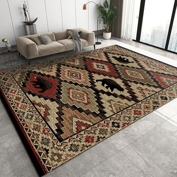 Rustic Lodge Cabin Bear Area Rugs, Retro Diamond Stitching Art Easy Clean Rug, Soft Non-Skid Carpet Throw Rug For Kids Teen Girls Boys Bedroom Living Room Bathroom Office 3x4ft