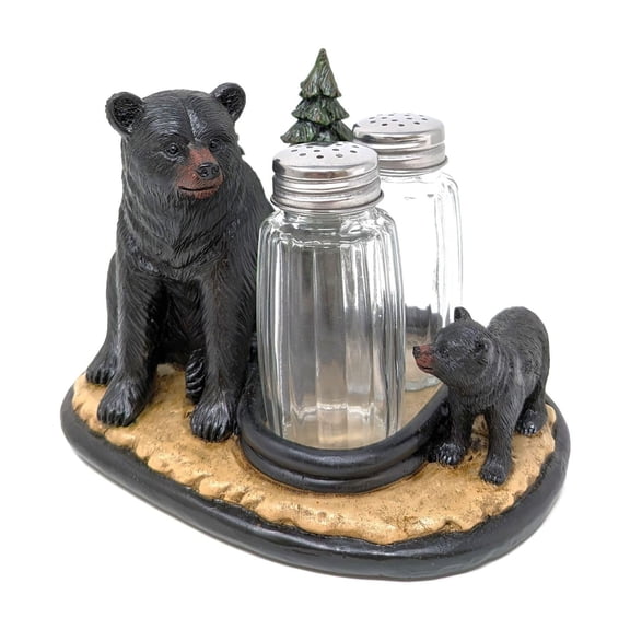 Rustic Lodge Cabin Bear and Cub Salt and Pepper Shaker Holder Set - Woodland Animal Decor, Forest Themed Kitchen Accessories - Ideal for Nature Lovers, Countertop Salt Holder
