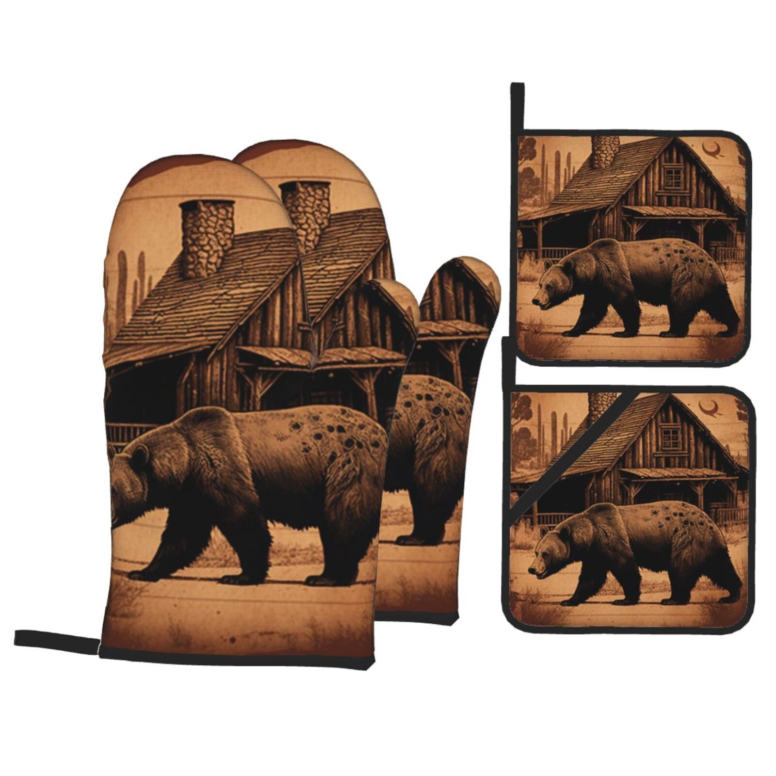 Rustic Lodge Cabin Bear Southwestern Vintage 4Pcs Oven Mitts and Pot Holders Sets Oven Kitchen Gloves Hot Pads for Cooking BBQ Baking Grilling