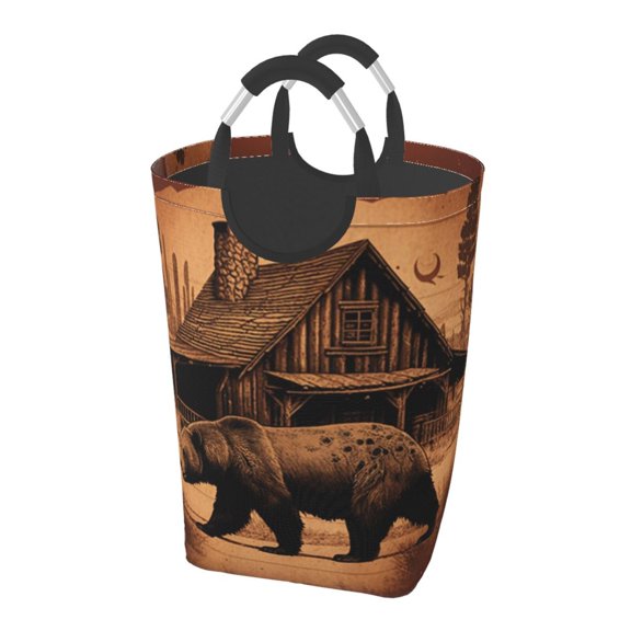 Rustic Lodge Cabin Bear Southwestern Vintage Laundry Bag with Handle - Foldable Dirty Clothes Hamper Collapsible Storage Bin
